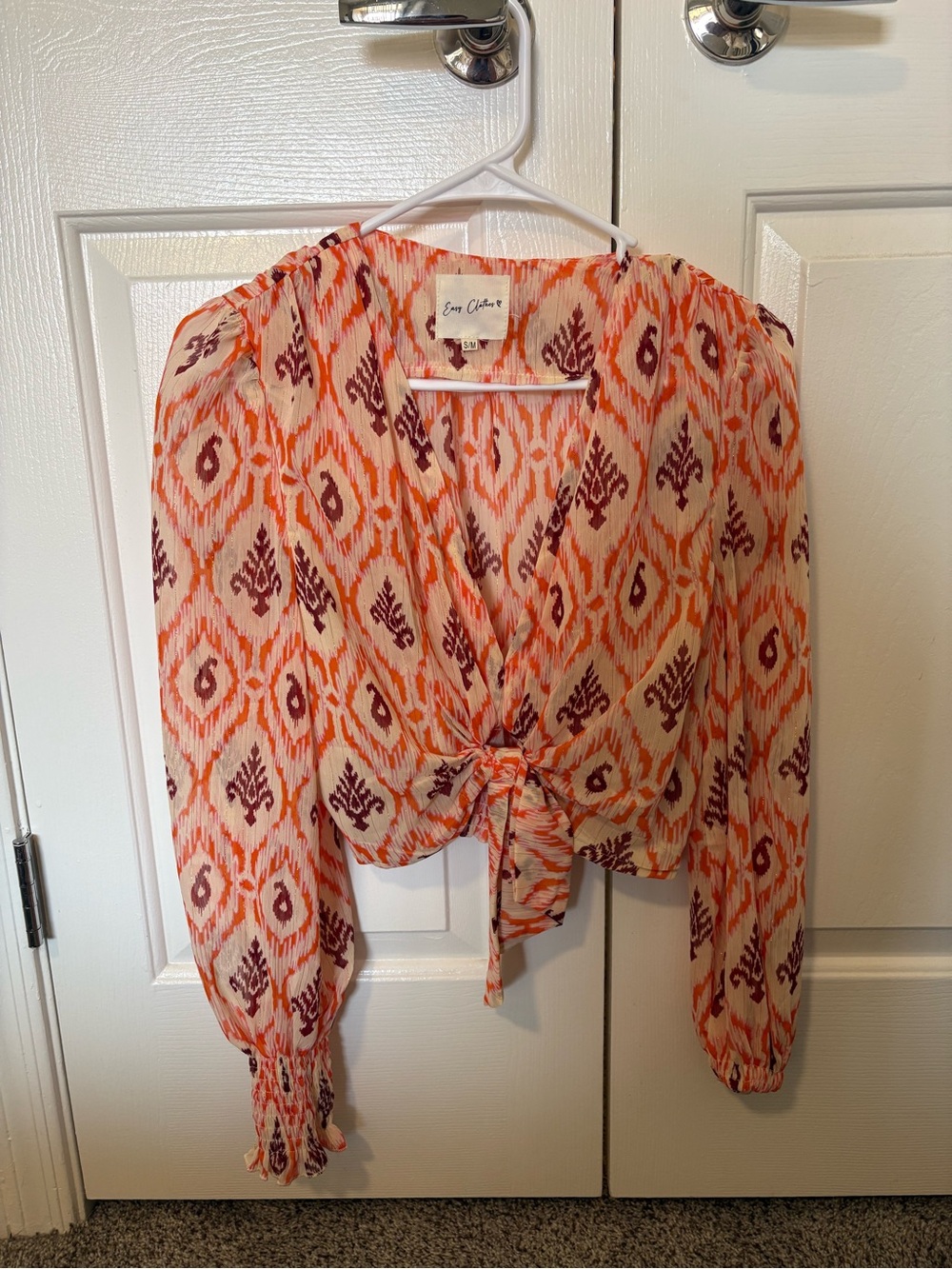 Easy Clothes Orange & Cream Tie-Front Blouse